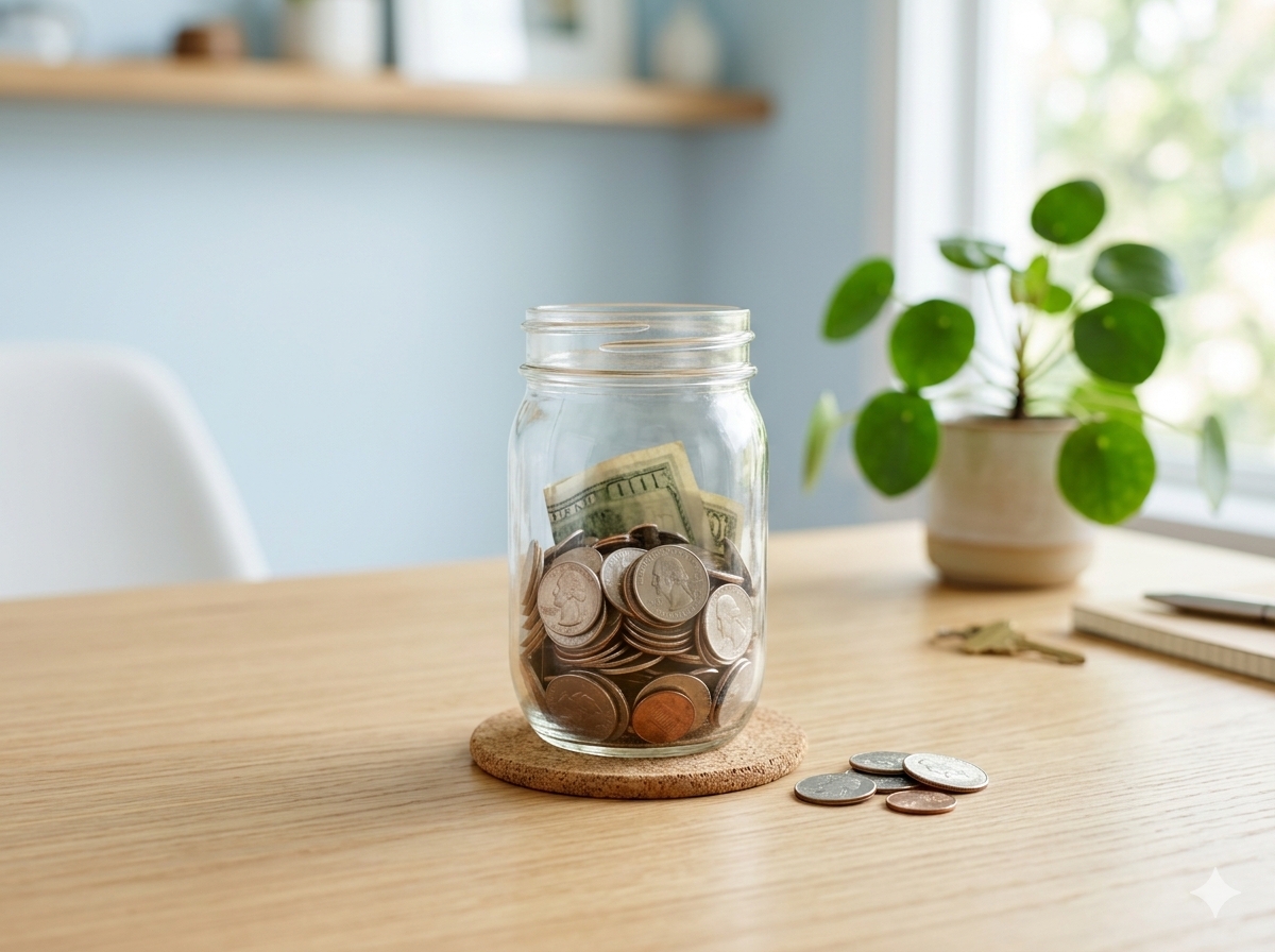 Savings jar filled with coins and cash.