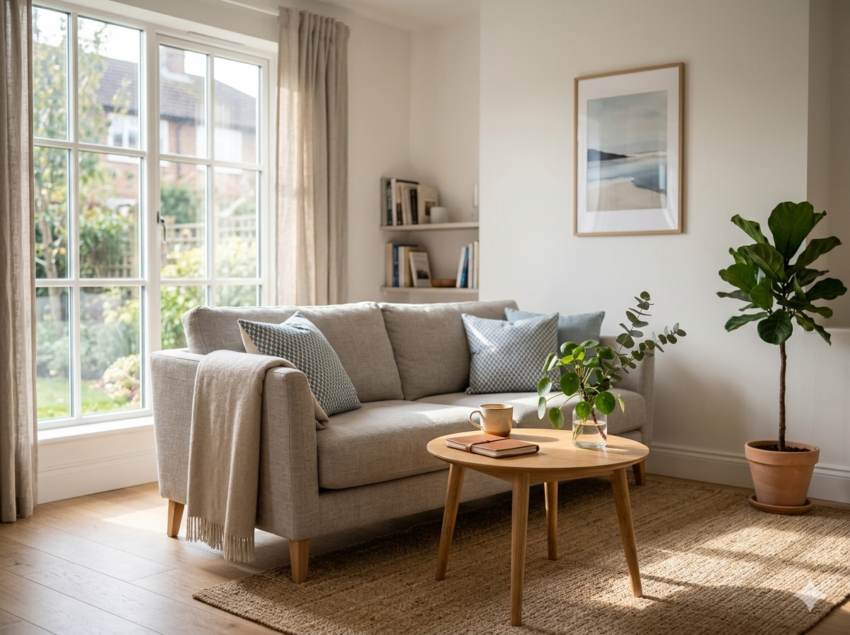 Bright living room with a sofa and coffee table.