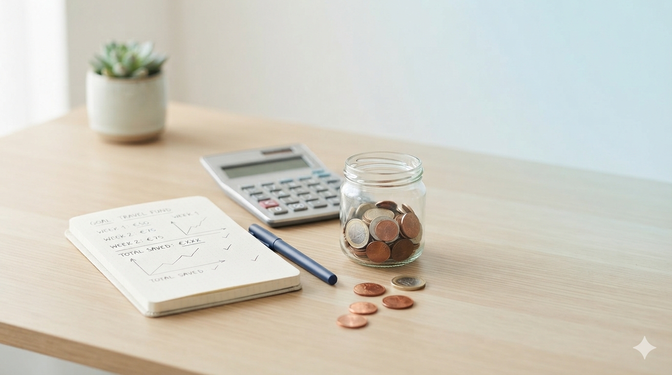 Notebook, calculator and coins representing a savings plan