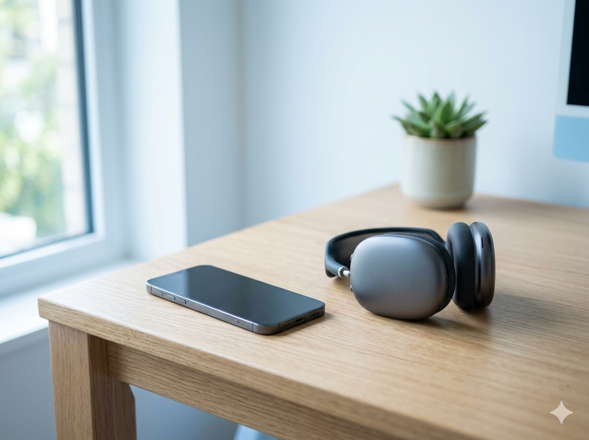 Smartphone and headphones on a table.