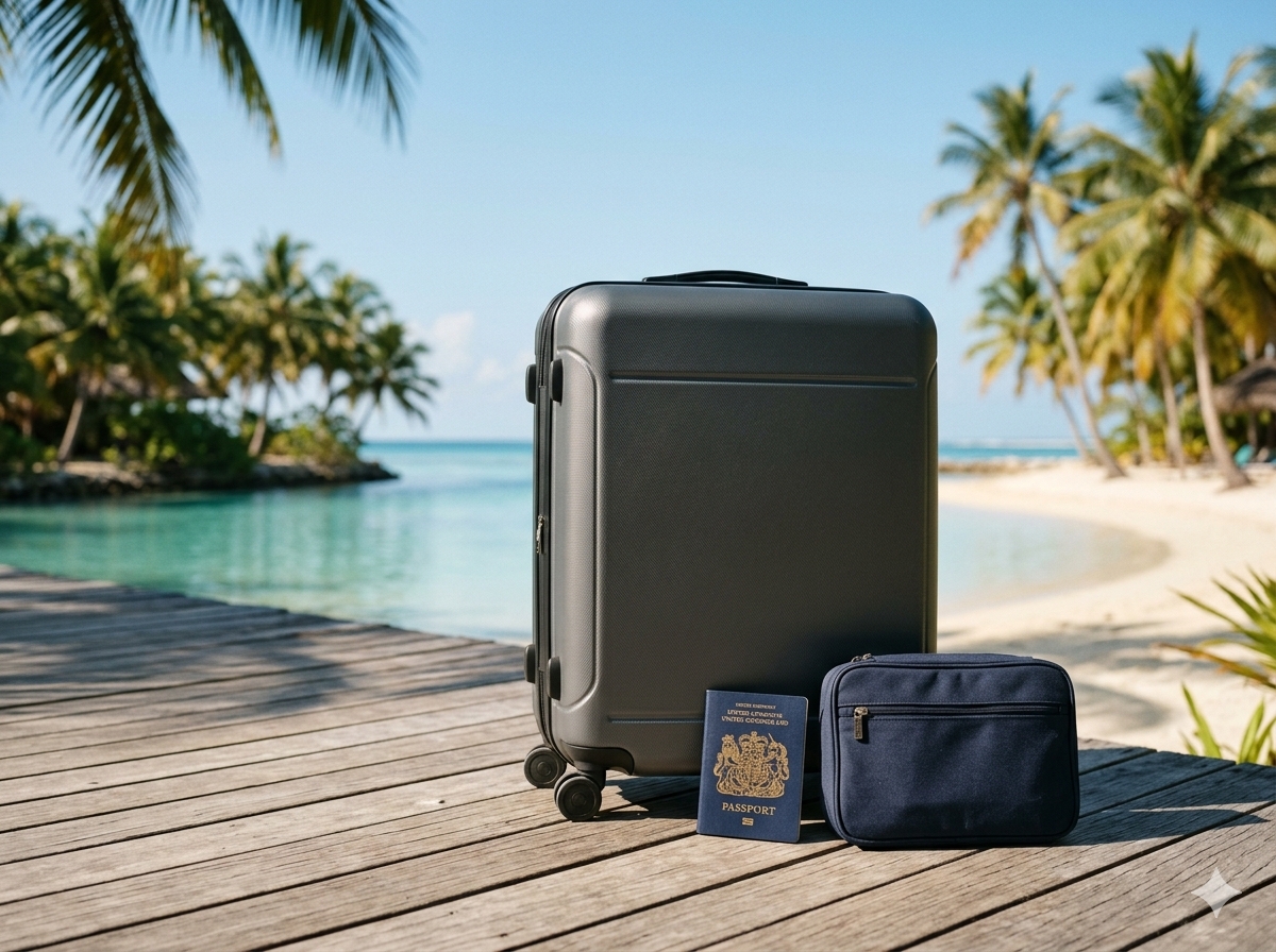 Suitcase and passport beside a tropical beach.